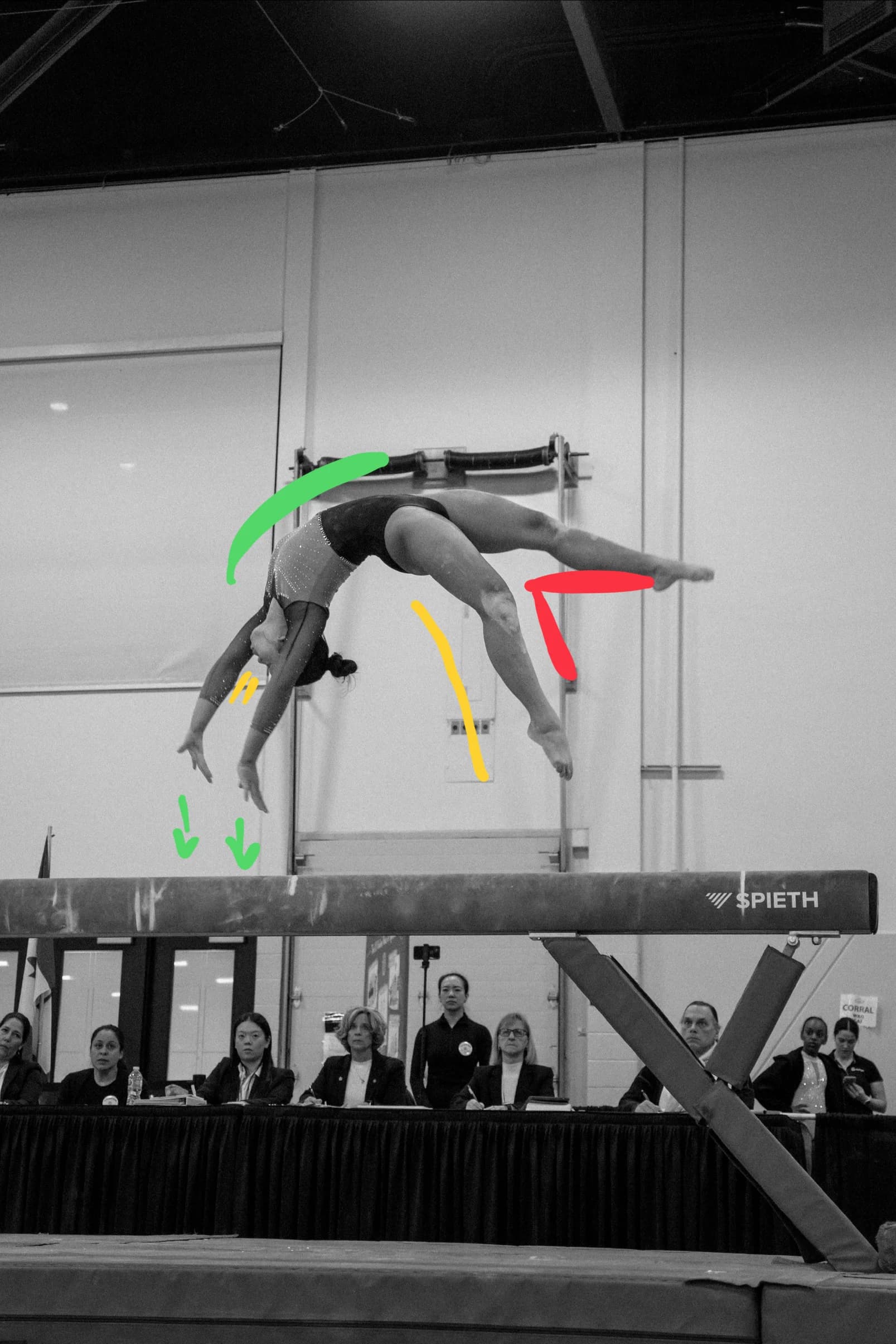 Gymnast mid back-handspring on beam with coaching annotations drawn over the takeoff arc, body line, and landing